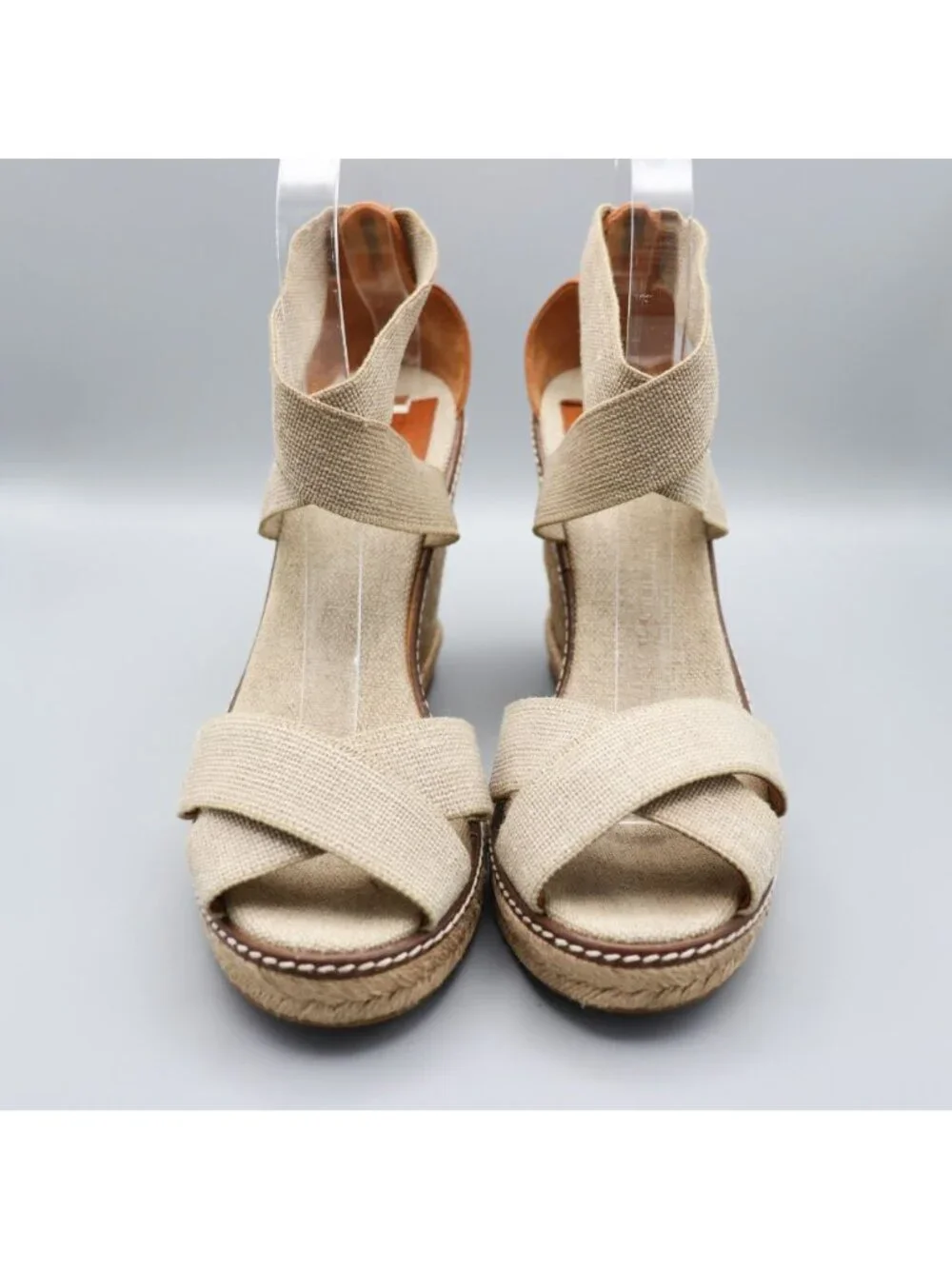 Tory Burch Frieda Platform Wedge Espadrille Sandals Beige Elastic Straps 9.5 B